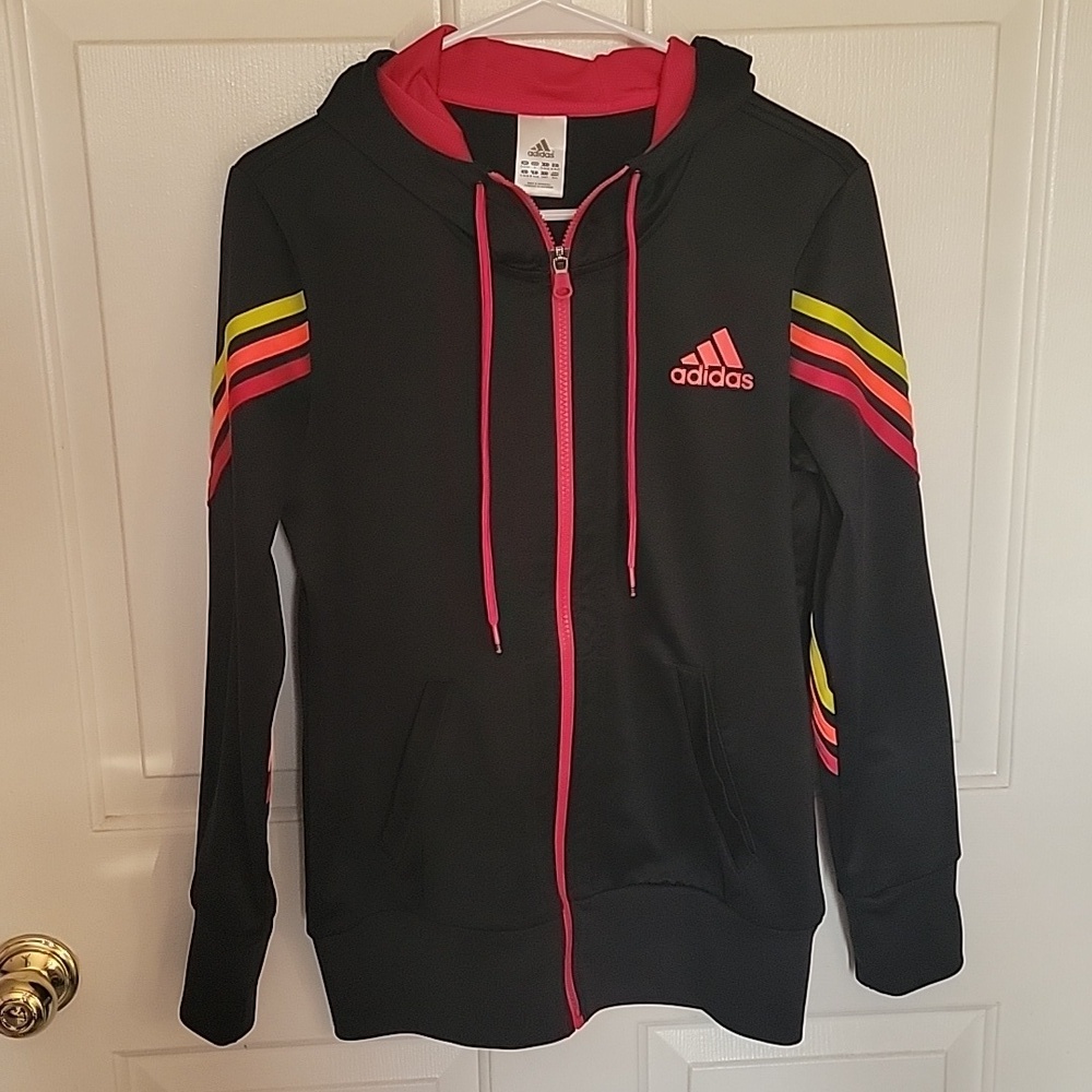 ADIDAS Women's medium hooded jacket, black with hot pink hood, like new.